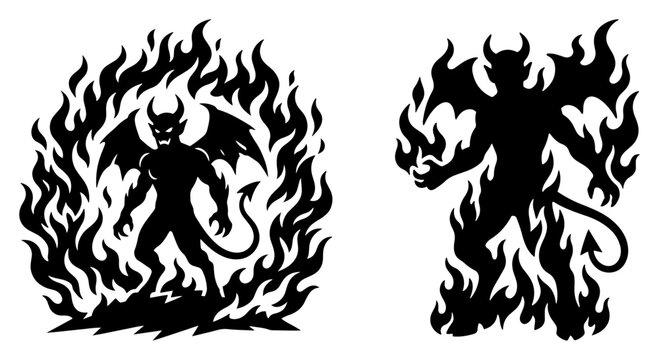 Demon silhouettes standing in hellfire with wings and horns in fantasy style