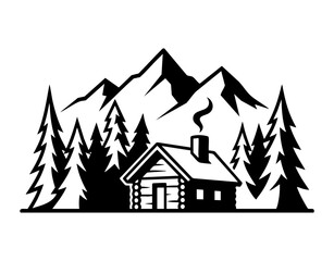 Obraz premium Rustic log cabin nestled in a pine forest with majestic mountain peaks in this vector illustration