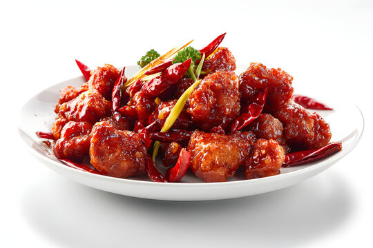 Classic Chinese American General Tsos Chicken Dish with Vibrant Red Peppers and Fresh Garnishes