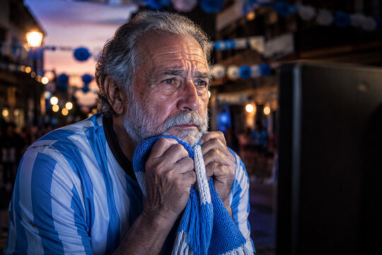 Serious mature man watching football game at night on screen with blue scarf
