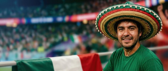 Obraz premium Happy Latino Soccer Fan Wearing Sombrero Holding Mexican Flag at Stadium with Copy Space