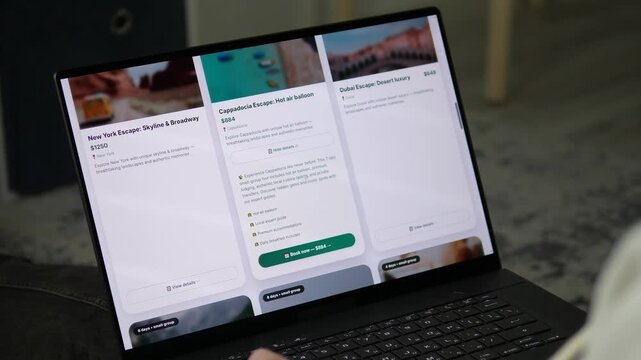 Professional travel booking platform interface demo. User explores luxury escapes and completes a successful purchase on a laptop. Sleek website design for digital travel agencies and vacation