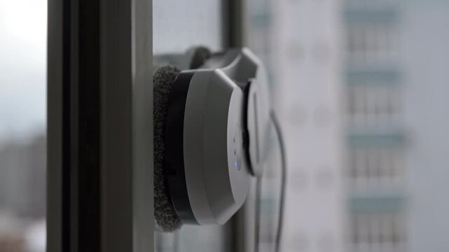 Modern domestic robot with microfiber pads automatically cleaning dirty window pane. Innovative smart home technology and automated equipment making household maintenance effortless and efficient.