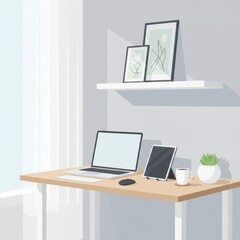 Fototapeta premium Modern home office workspace with laptop and tablet on wooden desk in bright room