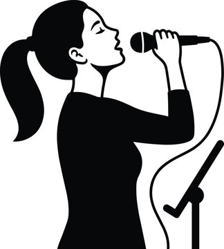 Woman singing into microphone, silhouette of female vocalist with ponytail black