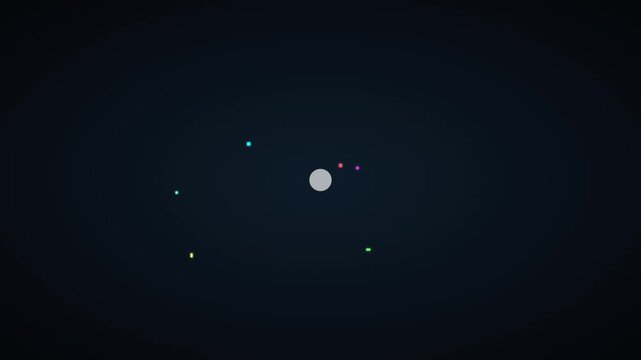Minimalist grey circle orbits with vibrant multicolored pixel squares moving in a rhythmic pattern inside this dark digital animation video