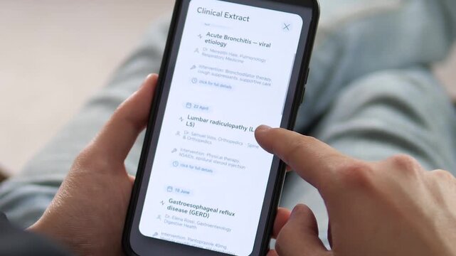 User scrolling through electronic health records (EHR) on a smartphone. Features detailed clinical summaries for bronchitis and back pain. Great for medical apps, insurance, and modern wellness