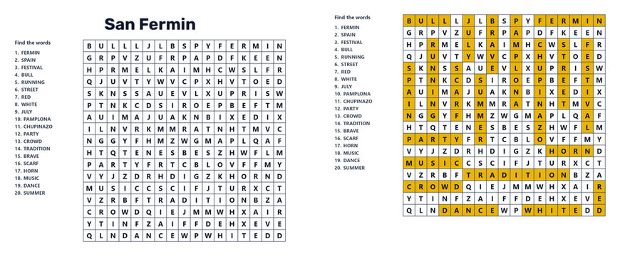 San Fermin word seek puzzle sheet with highlighted answers  
