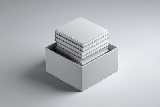 Isometric view of a boxed book collection with matte covers on a calm gray surface