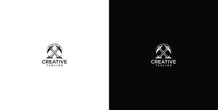Creative mining logo design featuring crossed pickaxes, symbolizing hard work, innovation, and discovery in a modern graphic style for business branding