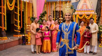Naklejka premium Traditional family celebration with costumed performer in blue ornate attire for religious festival portrait and ceremonial background design