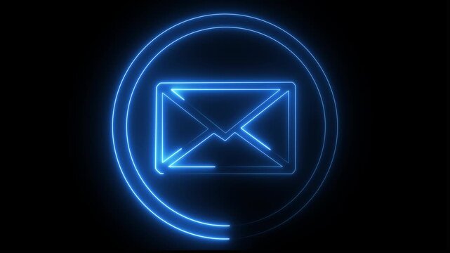 Animated neon mail icon with digital communication effect on black background.