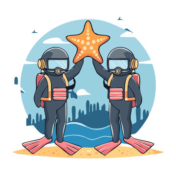 Two divers holding a starfish on a beach