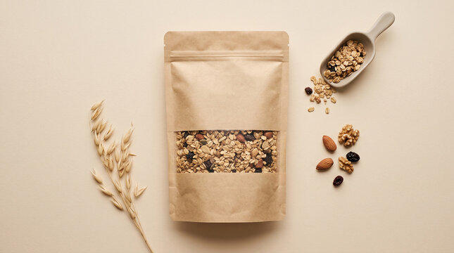Granola packaging mockup with healthy ingredients on beige background