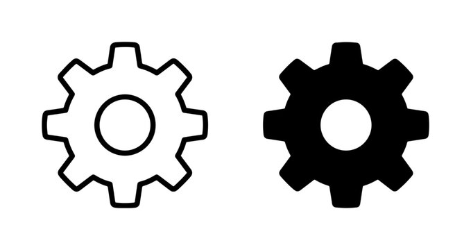 Two Gear Icons, Outline and Solid Fill, Mechanical Engineering Symbols, Industry and Technology Concepts