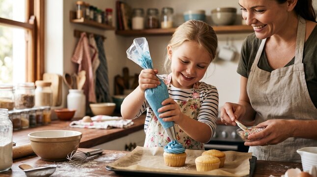 Manos de familia trabajando juntas para decorar galletas caseras en una acogedora cocina