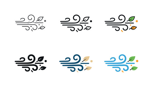 Blustery wind symbol depicting gusts swirling leaves and small debris in motion