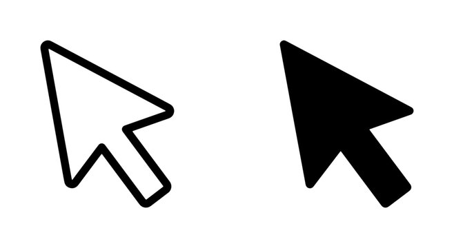 Cursor Icons Set: Outline and Solid Black Pointer Symbols for Digital Navigation, User Interface Design Elements, Computer Mouse Clicks