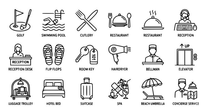 Hotel amenities outline icon collection vector illustration