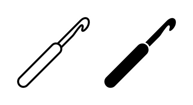 Crochet Hook Icon Set, Simple Line Art and Solid Silhouette, Crafting Tool Vector Graphics for Handmade Projects