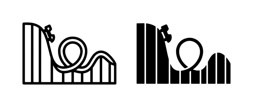 Roller Coaster Icons, Thrill Ride Vector Graphics, Amusement Park Fun, Black and White Symbols