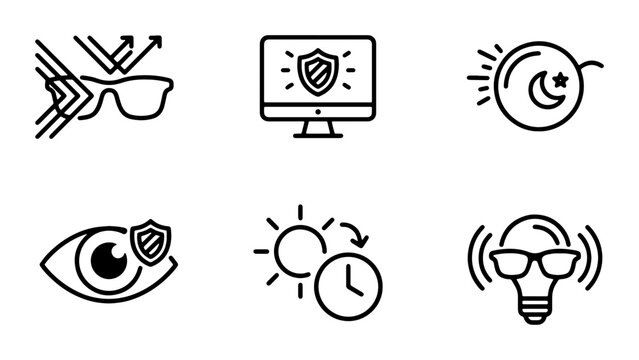 Eye Protection Icons: Blue Light Filter, Screen Shield, Night Mode, Vision Care, Sun Clock, Smart Glasses