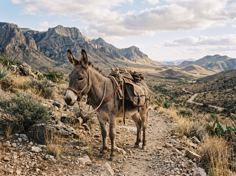 Wild donkey carrying supplies through rugged mountain desert landscape under cloudy sky