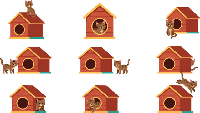 Cute Cat Prepositions of Place Illustration Set with Kitten and Red House for English Grammar Lessons and Educational Children Learning Designs