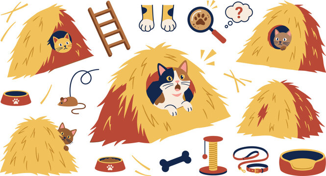 Cute Cat Routine Sticker Set with Calico Kitten Hiding in Haystacks Ladder Food Bowl Collar and Toy Mouse Vector Illustrations for Pet Care