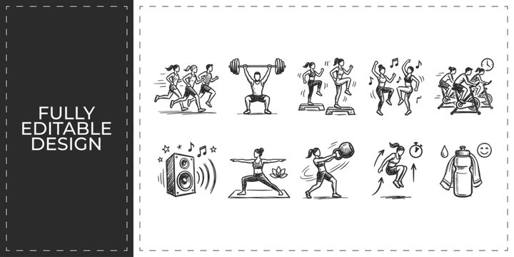 Fitness workout and athletic performance icons featuring gym weights dancing and active people for health club and wellness training promotion design