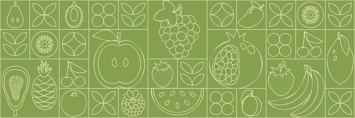 Bauhaus fruit and berry abstract. Geometric line drawing. Fruits seamless pattern. Natural flower plant with simple shape, abstract eco farming concept. Vector minimal banner © Oxana
