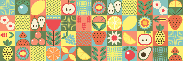 Bauhaus fruit and berry abstract. Fruits seamless pattern. Natural flower plant with simple shape, abstract eco farming concept. Vector minimal banner © Oxana