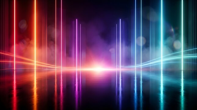 Abstract Colorful Light Waves and Rainbow Glow on a Dark Background