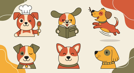 Obraz premium Set of Cute Cartoon Dog Characters in Various Activities