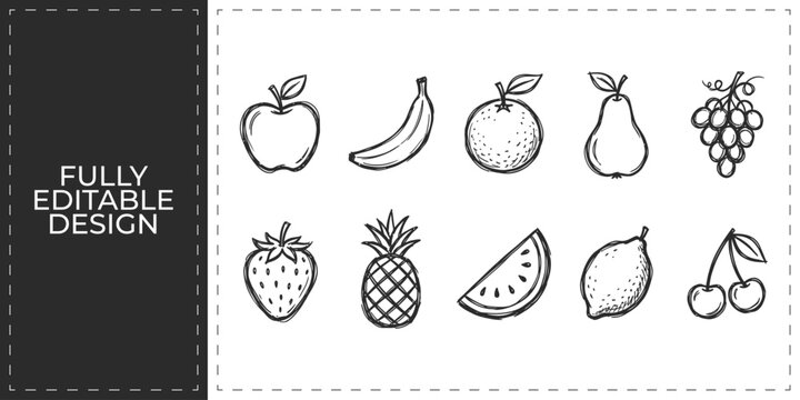 Fresh fruit and healthy diet icons set featuring apple banana orange and grapes for organic farming grocery retail and nutritional wellness education