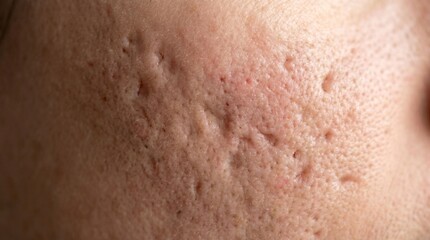 Fototapeta premium Close up of woman cheek with deep acne scars and skin texture