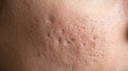Fototapeta premium Close up of woman cheek with visible acne scars and enlarged pores