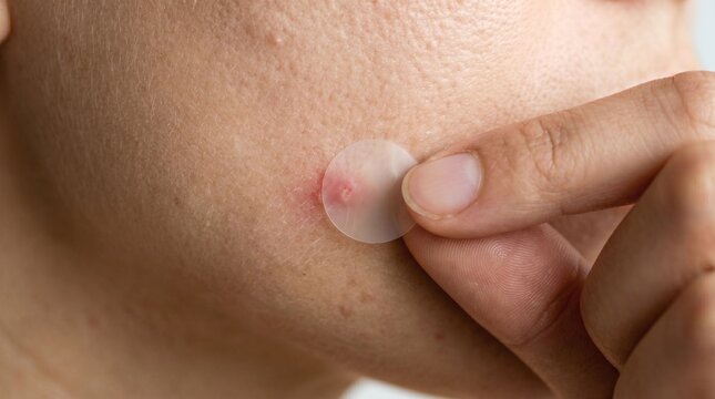 Person applying hydrocolloid pimple patch to spot on cheek