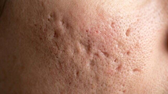 Close up of woman cheek with deep acne scars and skin texture