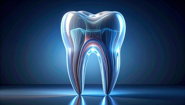 A translucent 3D model of a human tooth revealing enamel, dentin, and pulp layers with soft lighting, emphasizing anatomical detail, clarity, and scientific elegance in design.