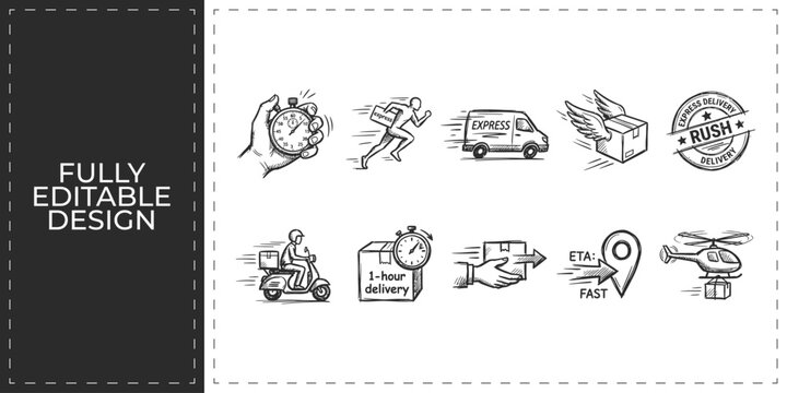 Fast delivery and logistics service icons set featuring shipping box van motorbike and stop watch symbols for commercial transport business and courier services design