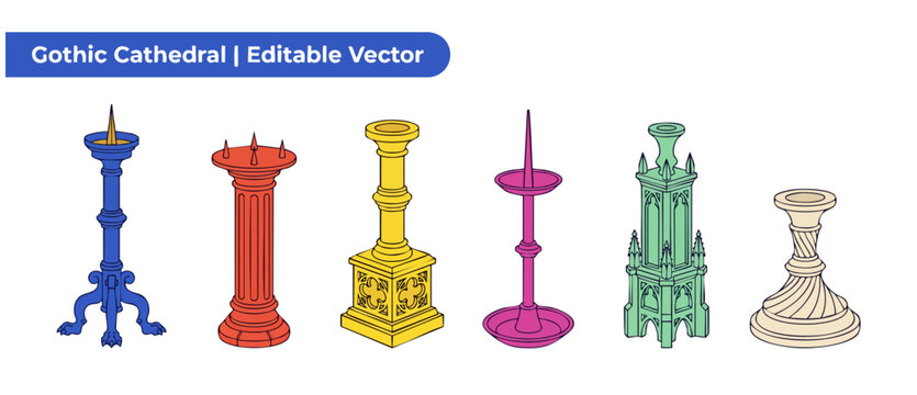 Gothic candle holder vector set featuring medieval church pricket stands and ritual candlestick icons isolated on white background for vintage historical design, fantasy gaming, and religious art.