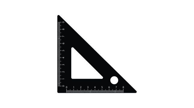 Black triangle ruler with measurement markings presented as a stark silhouette protractor measuring instrument tool geometry
