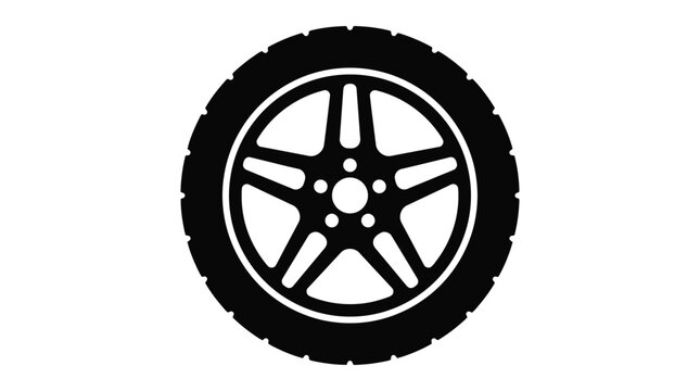 A black silhouette of a car wheel with a detailed spoke pattern on a white background silhouette