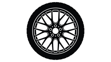 Obraz premium Automotive wheel with tire presented as a stark black silhouette against a white background silhouette transportation