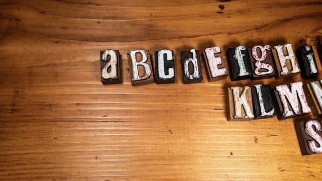 Vintage Wooden Alphabet Letterpress Blocks Arranged on Rustic Wood Background