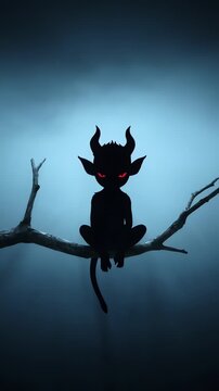 Vertical silhouette of a small demon with glowing red eyes sitting on a dead tree branch in a dark foggy night
