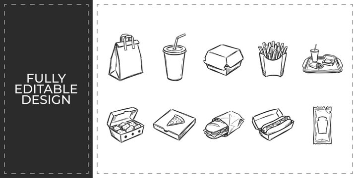 Takeaway food packaging and meal set icons including paper bag soda cup burger and french fries for delivery services and fast food restaurant promotion graphics