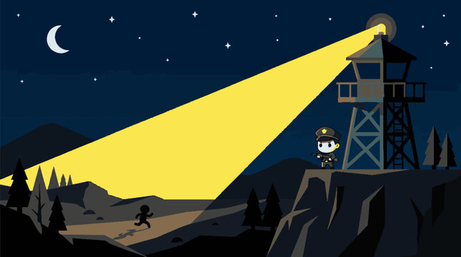 Nighttime Scene with Lighthouse and Watchman in Illustration.