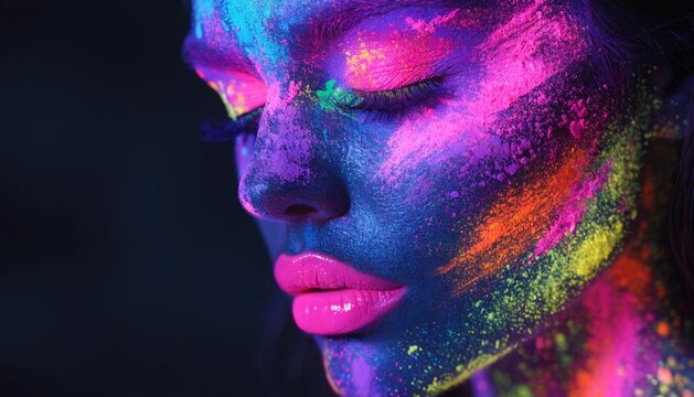 Neon UV Beauty Portrait with Fluorescent Face Paint and Artistic Glow
